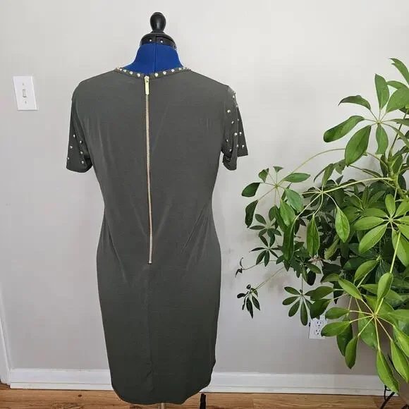 Michael Kors Forest Green Spandex Dress with Gold Studded Embellishments Size L - Picture 2 of 10